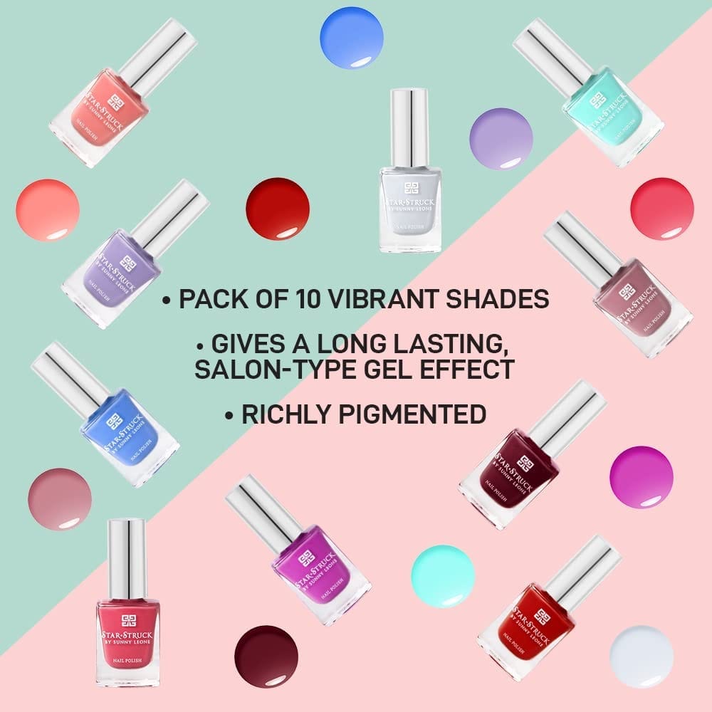 STARSTRUCK BY SUNNY LEONE Glossy Nails Polish Combo Pack of 10 (10 ML) | Smooth Texture, High Gloss 18.1 x 13.8 x 11.8 cm