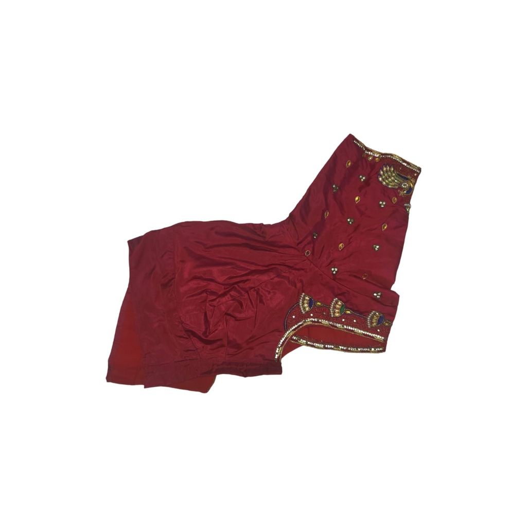 Red Hand Embroidered Peacock Blouse With Zari Work