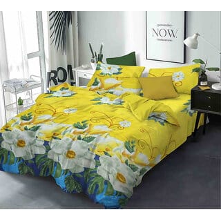 BLACK BEE  White flower on yellow  blue background double bedsheet with 2 Pillow Covers (208 X 213 cm)(BS-02)