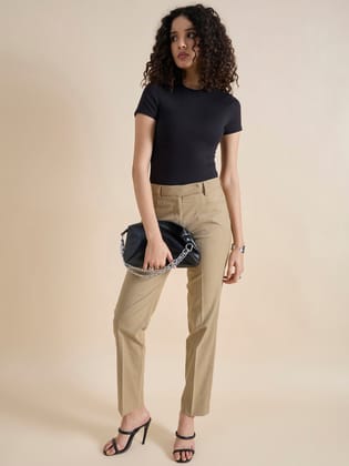 Beige Regular Fit Mid Waist Trouser-XS