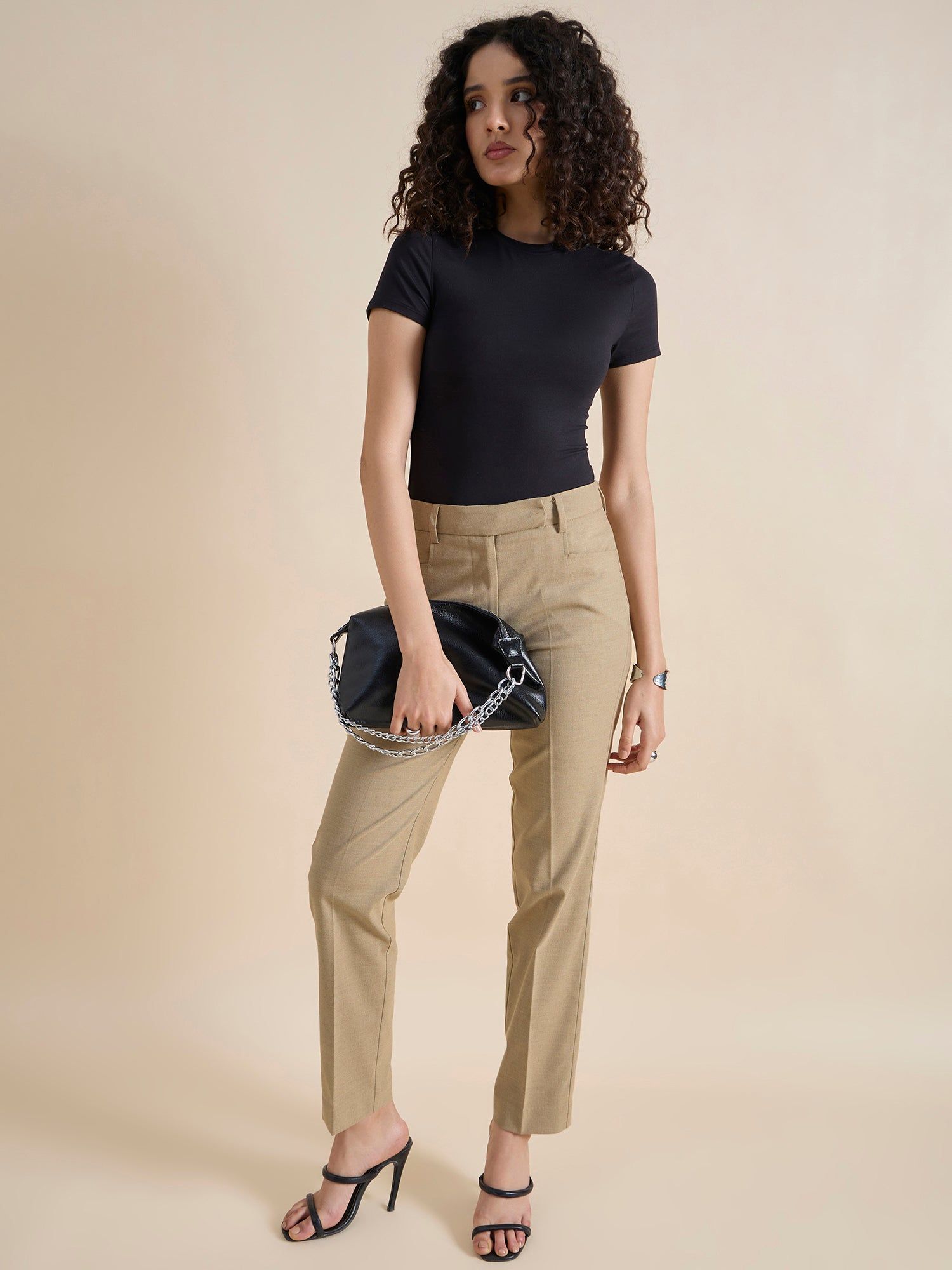 Beige Regular Fit Mid Waist Trouser-XS