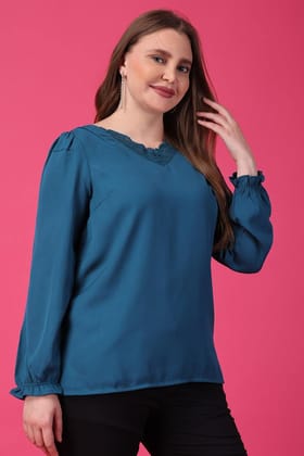 Teal Blue Top with Lace Neck-L / Blue