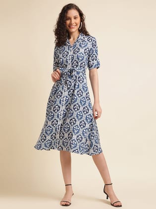 Blue Half Sleeve Tunic Dress-S