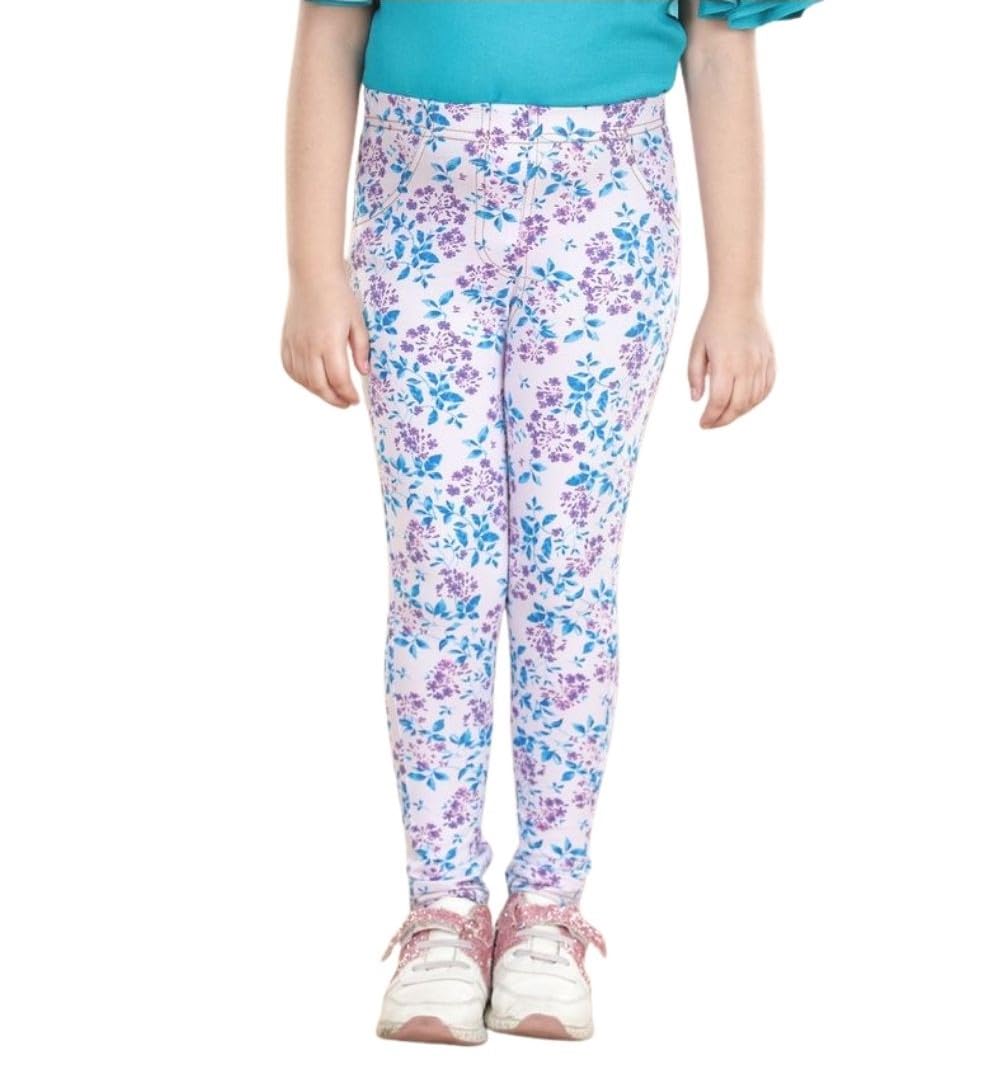 Girl's Cotton Blended Floral Elasticated Jeggings (White-Turquoise Blue, 7-8-Yrs)-PID66071