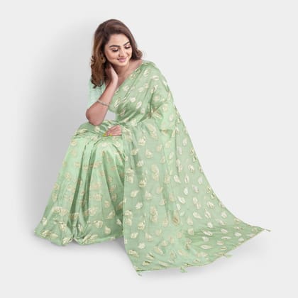 TheHangr Olive Chiffon Saree With Golden Leaves And Running Pallu