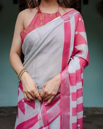White and Pink Pure Cotton Linen Saree with Geometric Stripes, Blouse, and Tassel Detailing-Regular