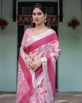 Soft Pink and Magenta Floral & Foliage Print Cotton Linen Saree with Blouse and Tassel Finish-Regular