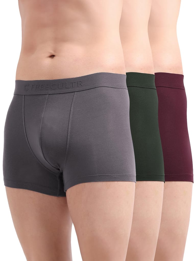 FREECULTR Men's Underwear Anti Bacterial Micromodal Airsoft Trunk - Non Itch No Chaffing Sweat Proof - Pack of 3-Mist Grey,Port Wine,Avocado Green