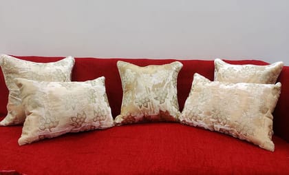 Ivory Golden Cushion Cover with Leaf Embroidered Stitched Zippered Velvet Combo Cushion Cover (16x16 inch and 30 x 45 cm) Set of 5