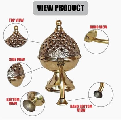 Gold Brass Dhuna Loban Burner, Medium Size, Traditional Incense Holder, Round Shape, Gold Brass Finish, Table Dhoop Dani