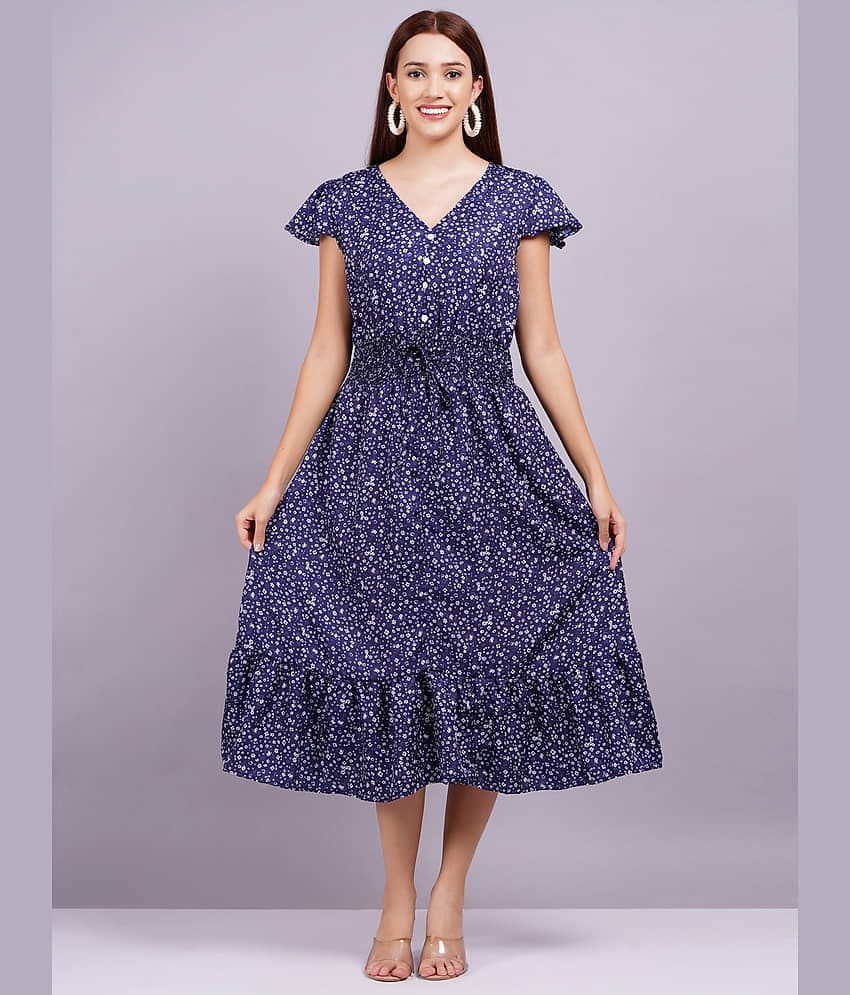 HIGHLIGHT FASHION EXPORT Women Crepe Printed Fit & Flare Dress ( Blue )