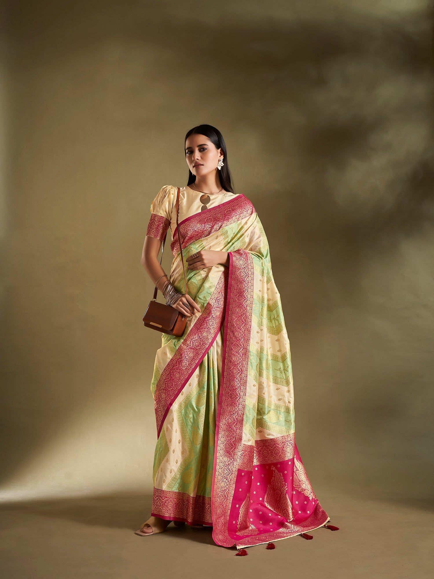 Cream & Sea Green Pure Soft Silk Woven Designed Banarasi Saree