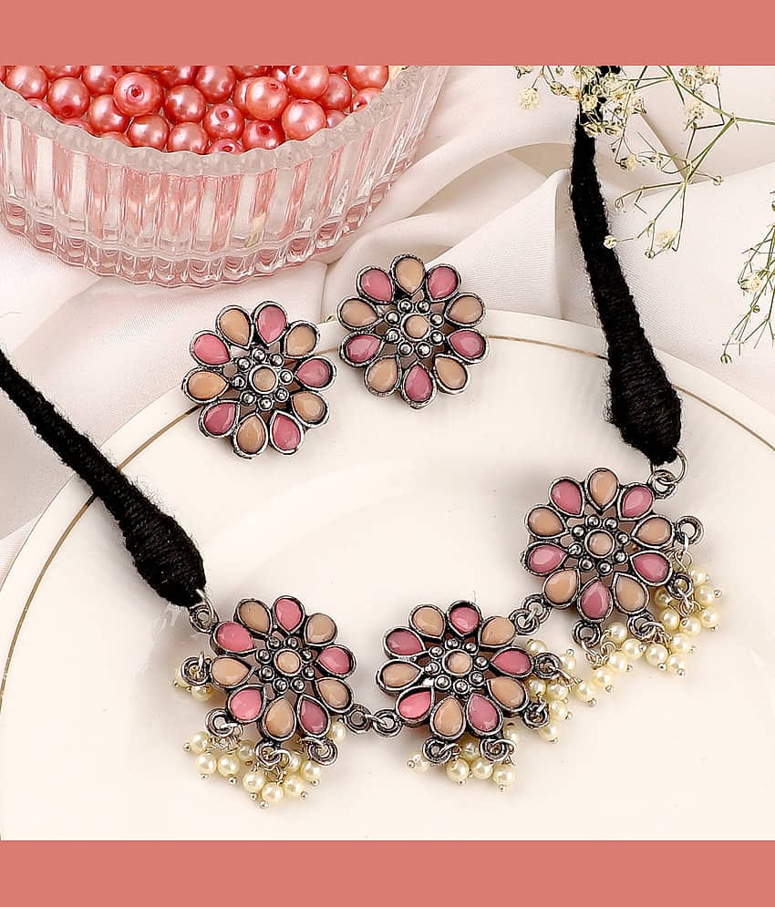 gilher Peach Oxidised Silver Necklace Set ( Pack of 1 )