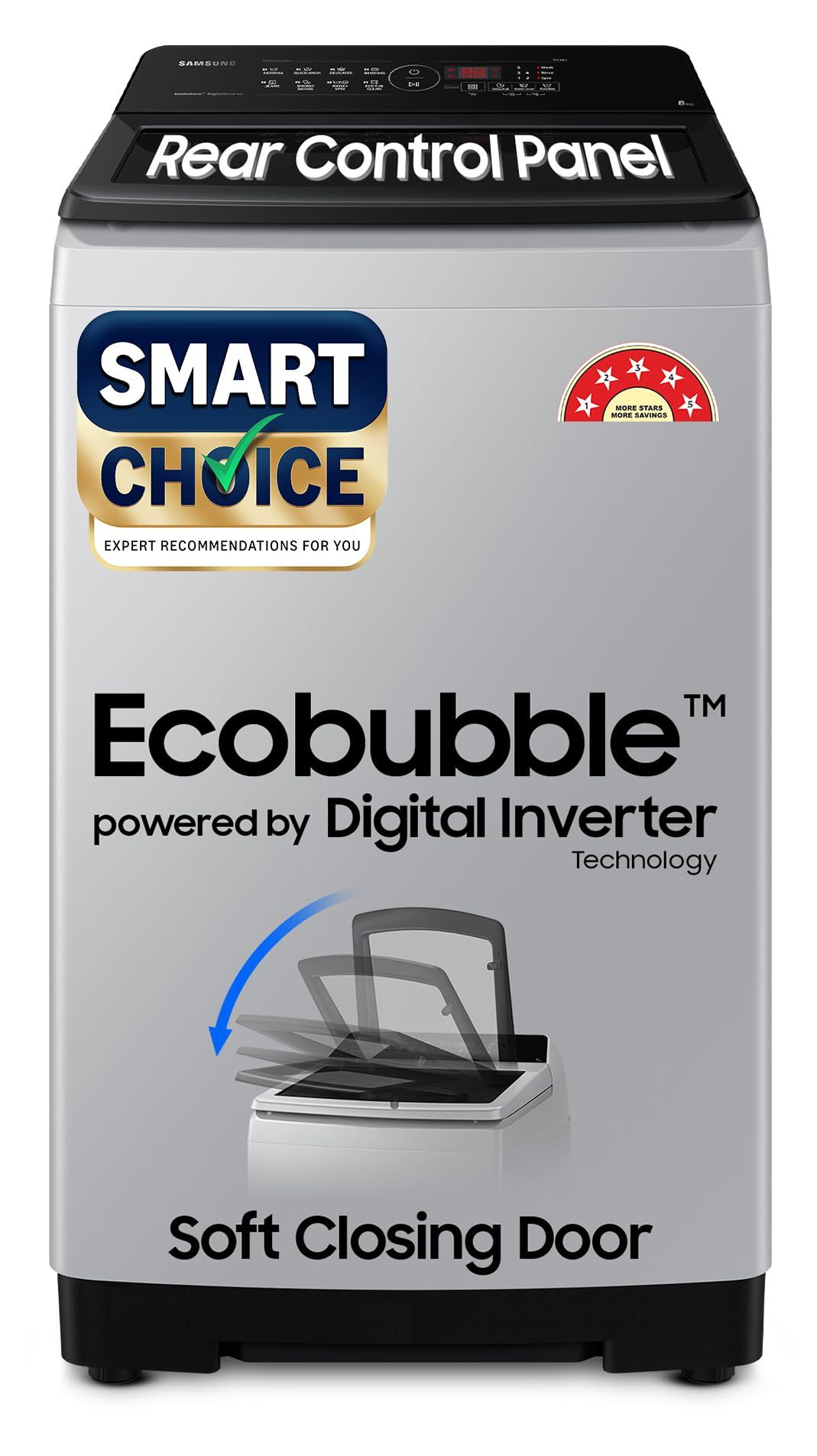 Samsung Smart Choice 8 kg, 5 star, Eco Bubble Tech, Digital Inverter Motor, Soft Closing Door, Fully-Automatic Top Load Washing Machine (WA80BG4441BGTL, Light Gray) Samsung Smart Choice 8 kg, 5 star, Eco Bubble Tech, Digital Inverter Motor, Soft Closing