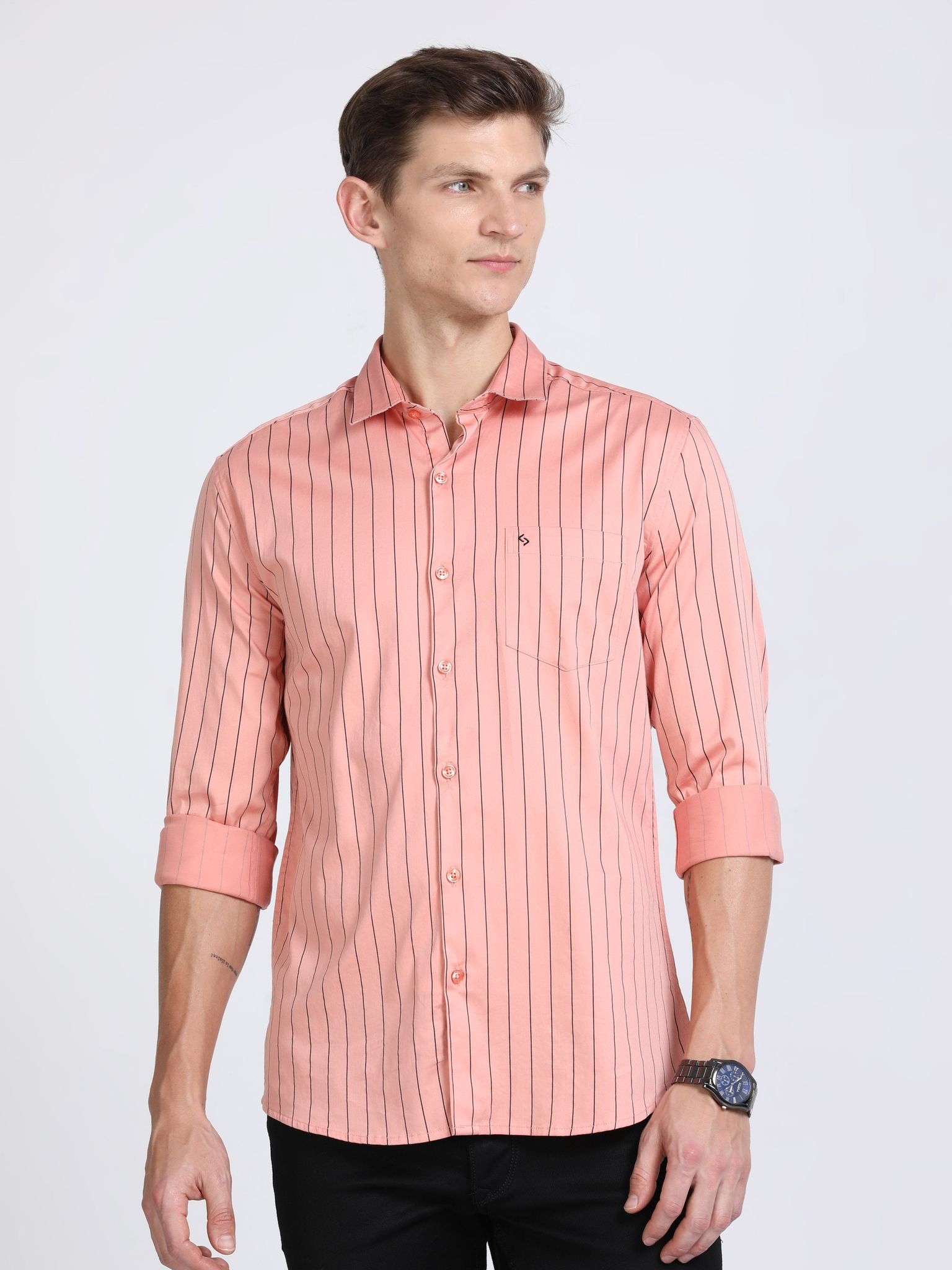 Classic Polo Mens Pure Cotton Full Sleeves Striped Slim Fit Polo Neck Peach Color Woven Shirt | So2-163 A-Fs-Str-Sf