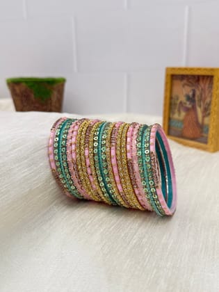 Designer Baby Pink and Surf Blue Glass & Stone Bangle Set - 5121-2.4 / Both Hands (you will get 2 sets)