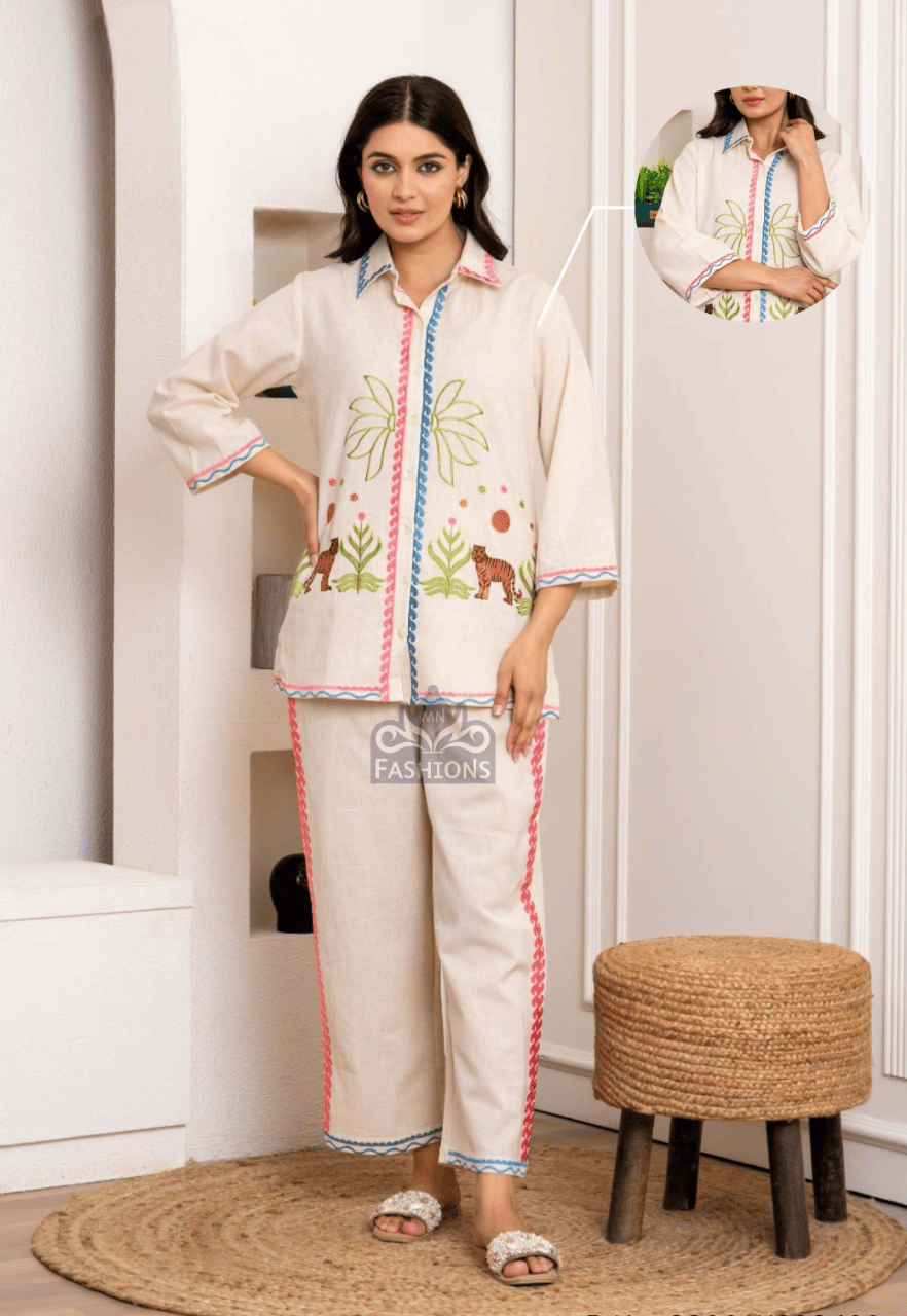 Women's Off White Cotton Printed Fancy Co-Ordinates Set-32403 OWHT / Off White / L