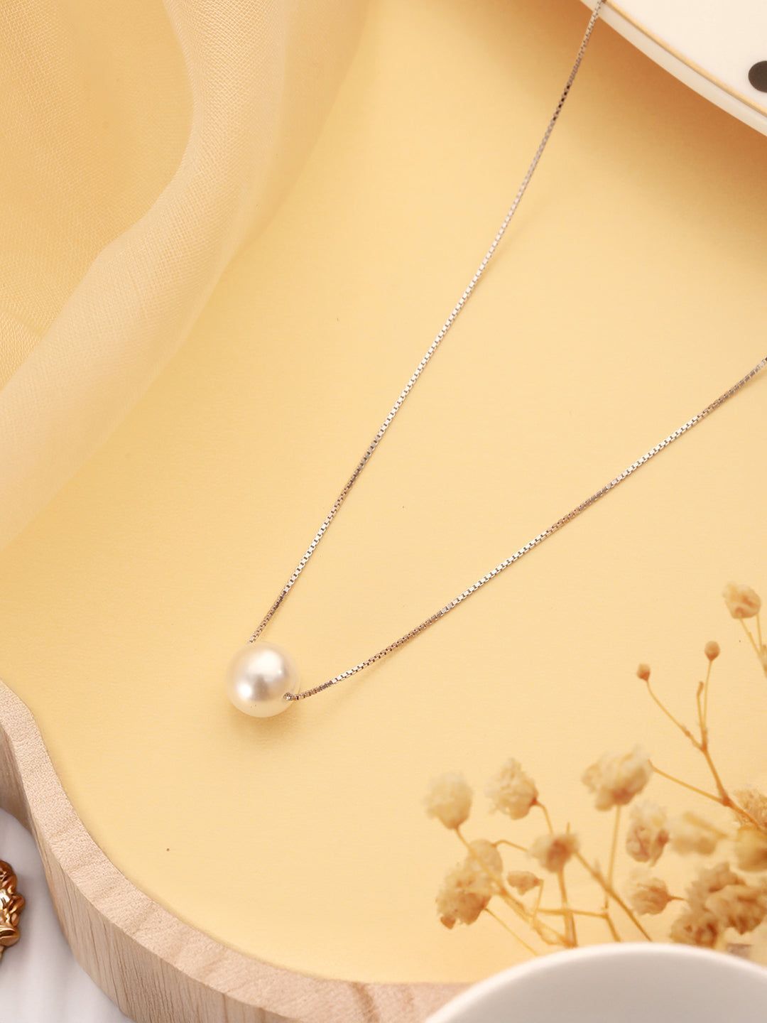 925 Sterling Silver Freshwater Faux Pearl Rhodium Plated Necklace & Chain