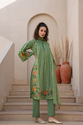 Three-Piece Suit with Intricate Floral Embroidery In Pista Green Color-PISTA GREEN / M