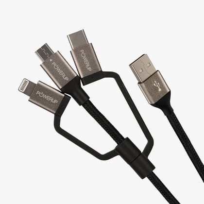 POWERUP 3IN1 Cable USB A to Micro USB | Type C | Lightning 1.5 Mtr / 150 cm - Black