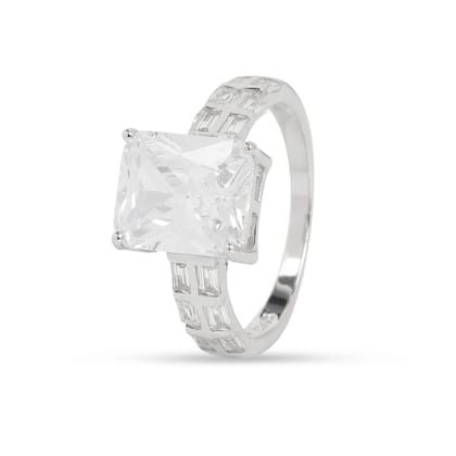 925 Sterling Silver Cushion Cut Solitaire Ring with Baguette Side Stones for Women | Statement CZ Diamond Look Ring