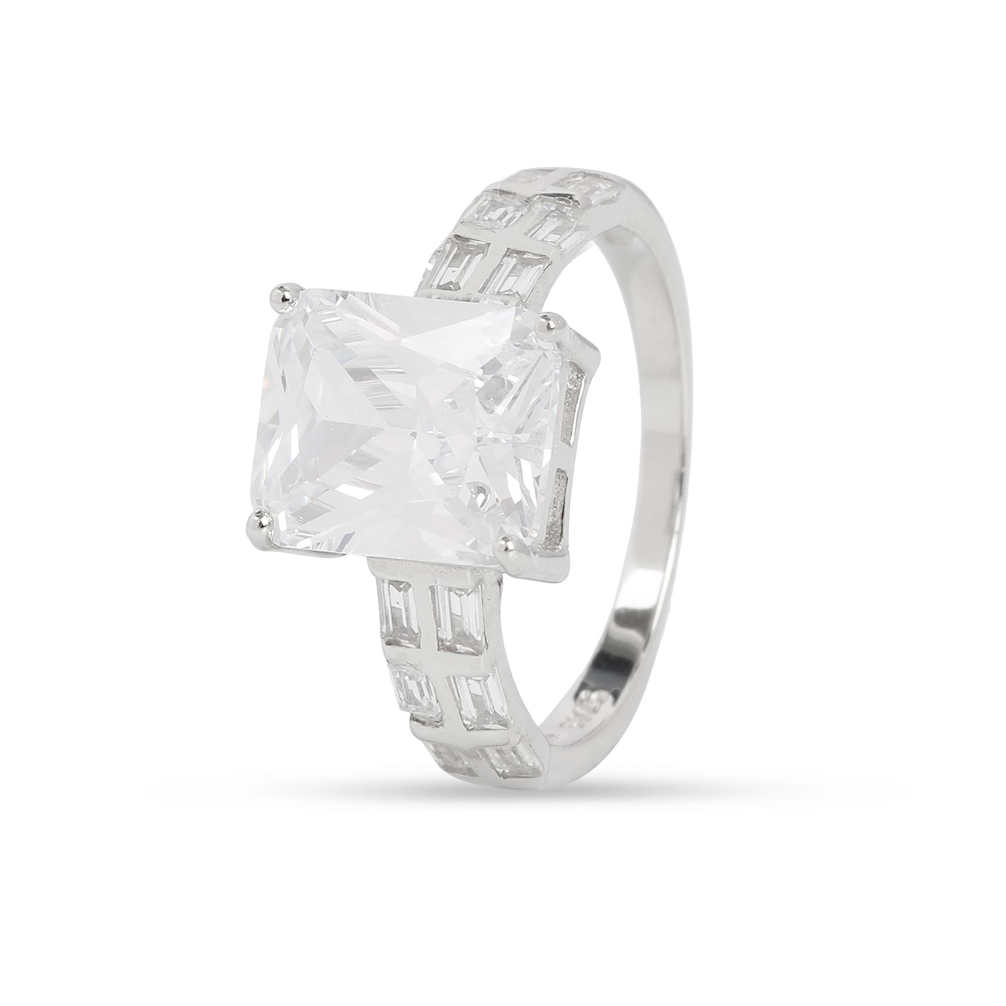 925 Sterling Silver Cushion Cut Solitaire Ring with Baguette Side Stones for Women | Statement CZ Diamond Look Ring