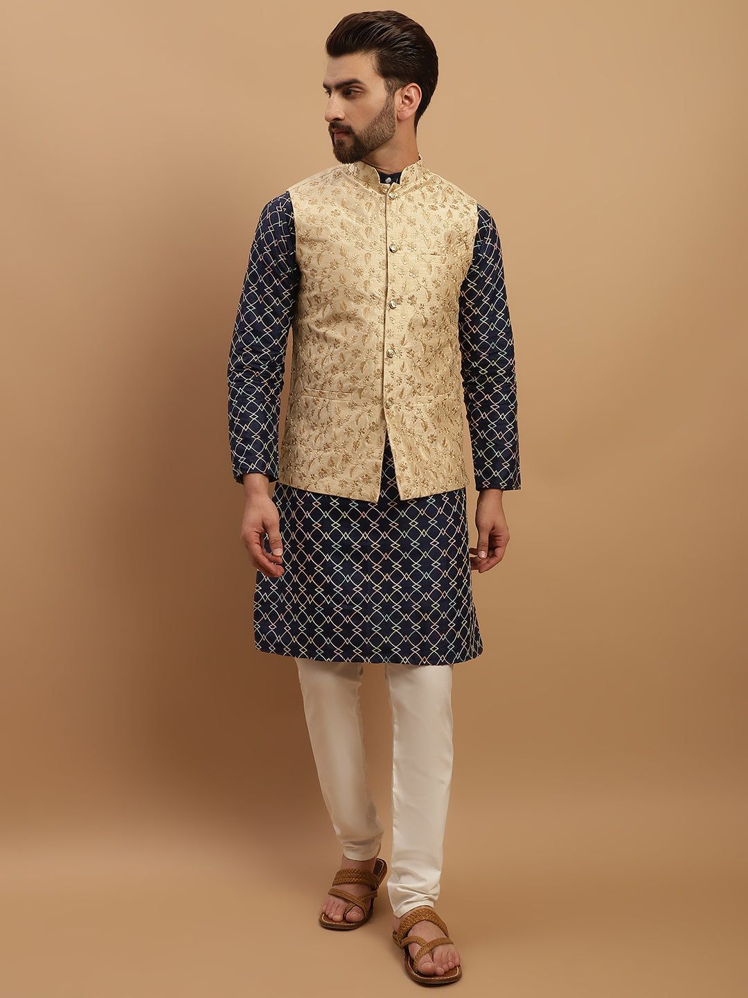Sojanya Men's Silk Blend Navy Blue Kurta and Cream Pyjama With Beige Nehru Jacket Set-38