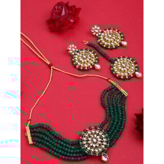 Green Crystal Kundan Full Length 4pc Bridal Choker Jewellery Set