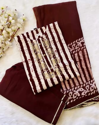 Soft Cotton Batik Neckline work Kurti Pant Dupatta Set (Stitched)-M(38)