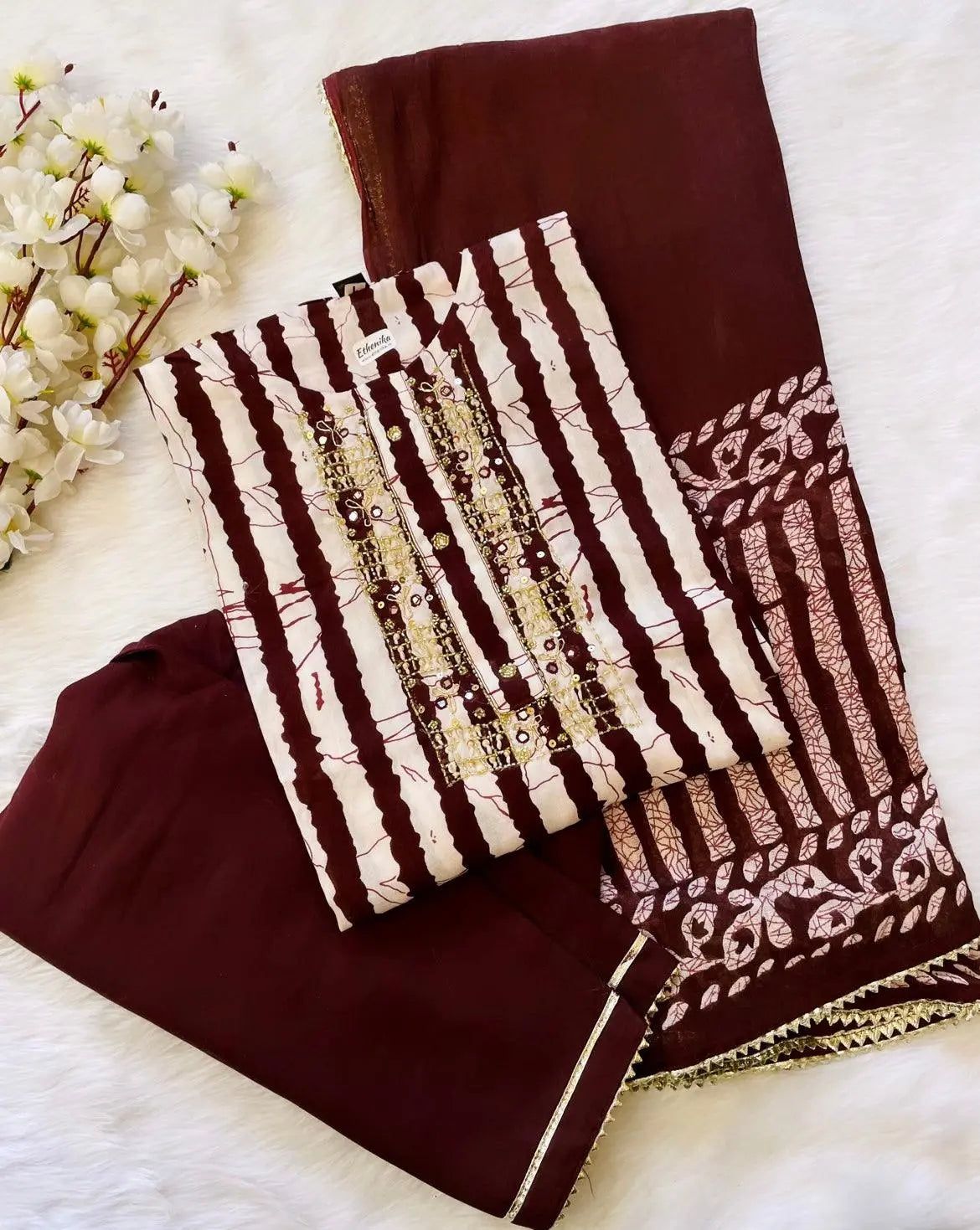 Soft Cotton Batik Neckline work Kurti Pant Dupatta Set (Stitched)-M(38)