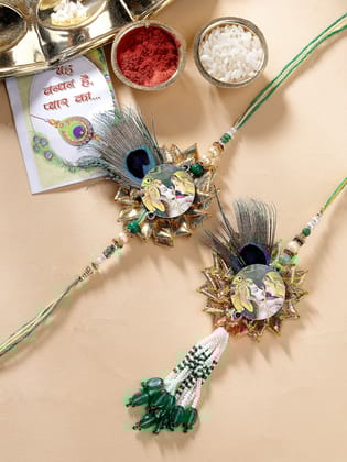 NVR Unisex Set of 2 Green Radha Krishna Beaded Bhaiya Bhabhi Rakhi With Roli Chawal-Freesize / Green / Plastic