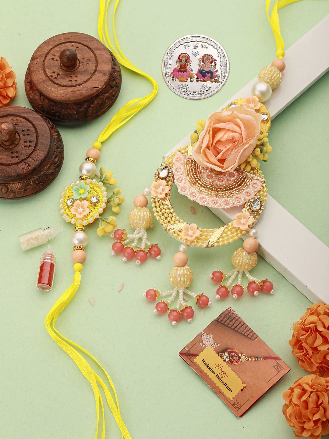 Set of 2 Peach Handcrafted Flower Rakhi for Bhaiya & Bhabhi Lumba Rakhi Set With 999 Silver Lakshmi & Ganeshji  10 gram Colour Silver Coin