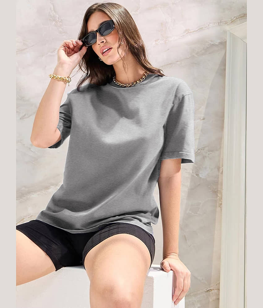 Leotude Women Cotton Blend Solid Oversized Fit Round Neck T-Shirt ( Grey )