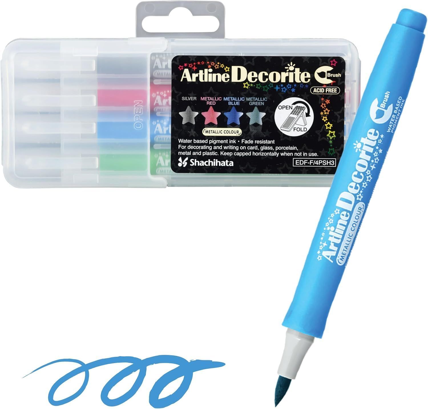 Artline Decorite Metallic Brush Markers Set of 4 in Red, Silver, Blue & Green Vibrant Colours | Popular Choice For Artists And Crafters
