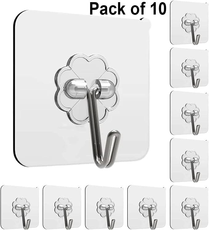 Rudra Adhesive Stronger Plastic Wall Hooks Hangers, Waterproof Stick for Kitchen Bathroom Shower Door Outdoor Home Improvement Utility Hook -10 Pcs