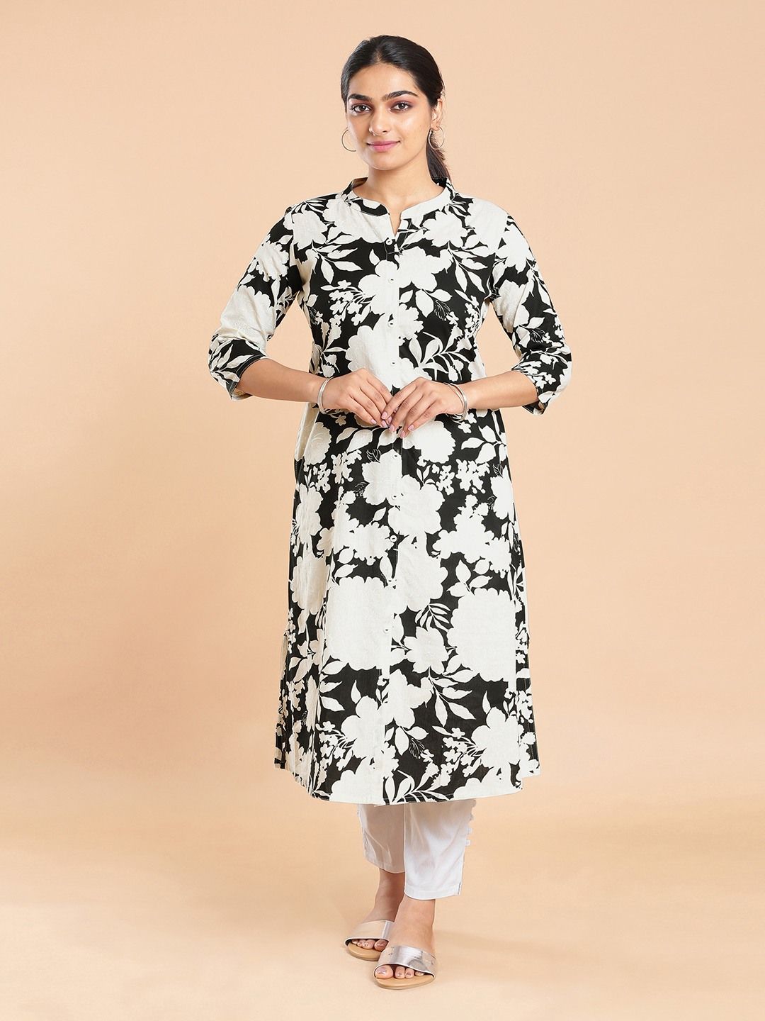Kalyan Silks Cream Color Floral Designed Black Kurti Top