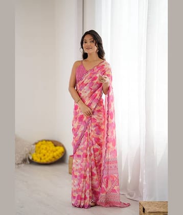 BLEESBURY Georgette Printed Regular Saree With Unstitched Blouse Piece ( Grey )