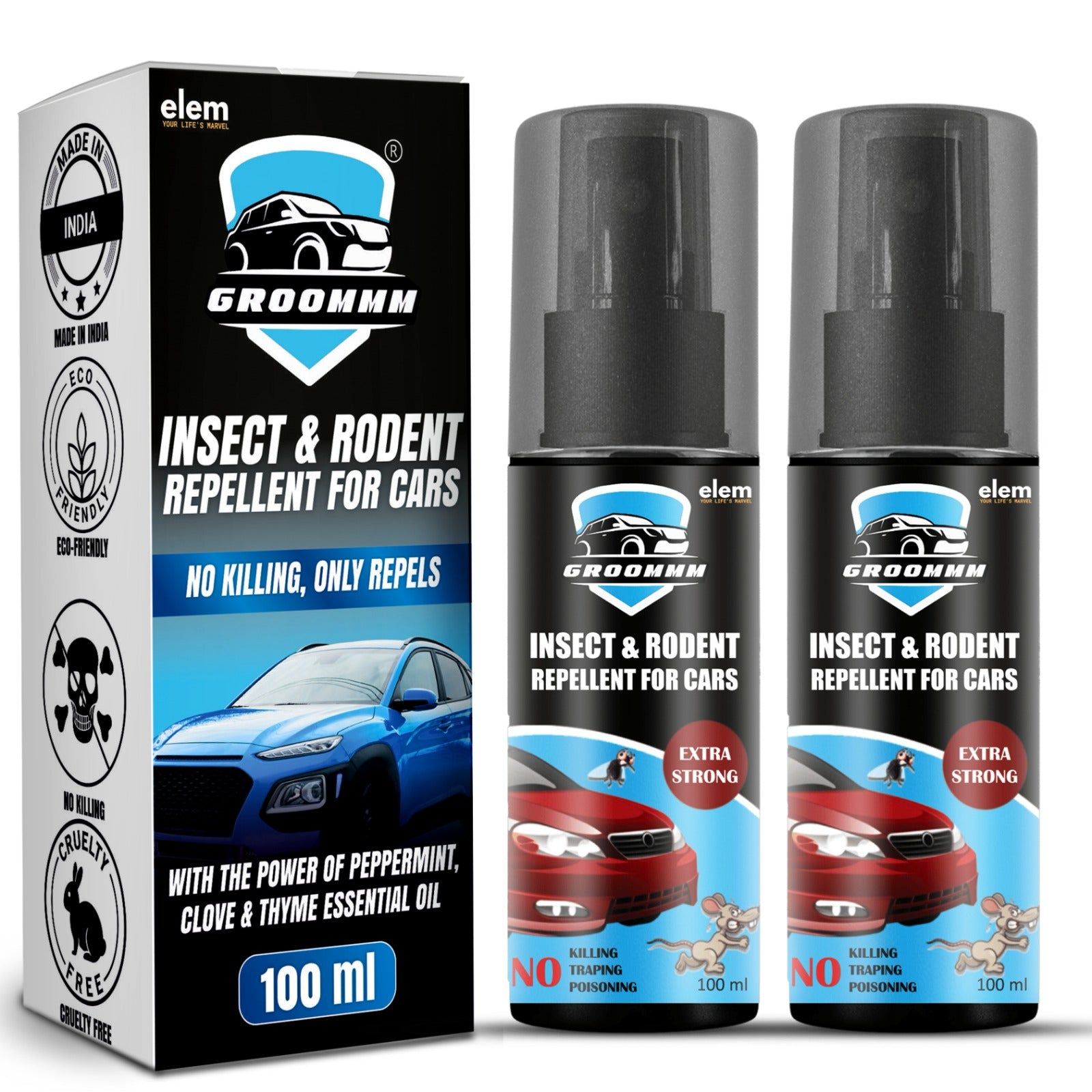 GROOMMM™ Insect & Rodent Repellent Spray for Car | (100 ml X 2) | Protect Your Car and Bike Wires  from Rat & Rodent-pack of 2