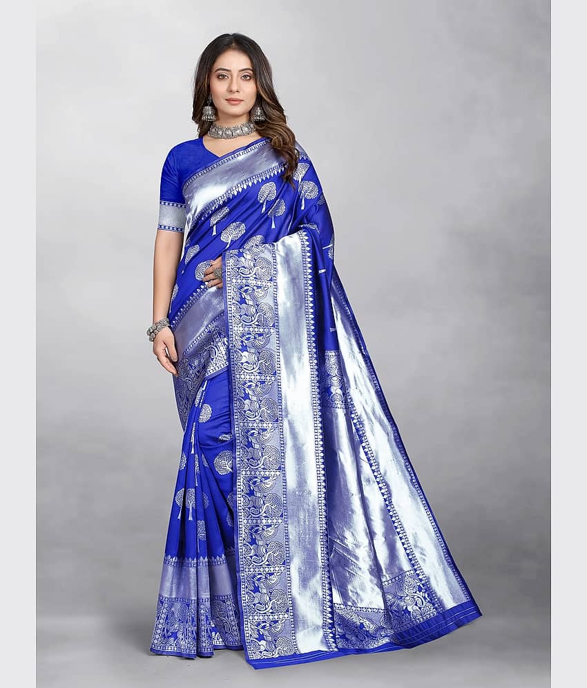 Gazal Fashions Banarasi Silk Embellished Saree With Unstitched Blouse Piece ( Blue )