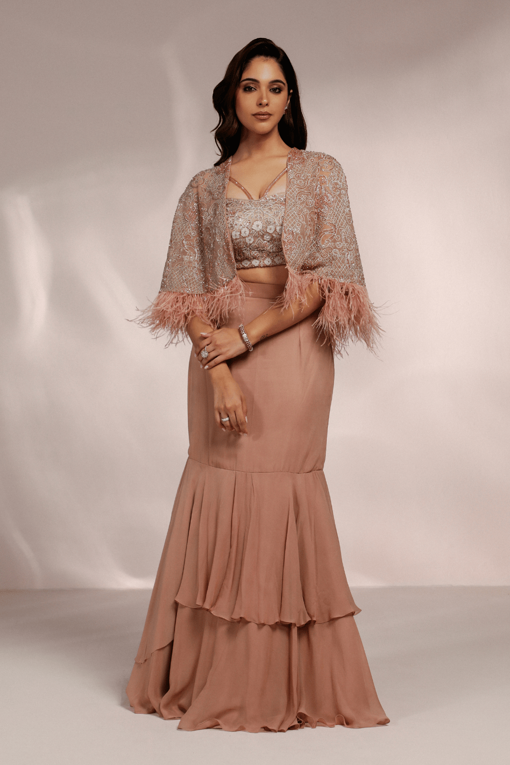 FISHCUT SKIRT WITH BLOUSE AND SHORT CAPE-XS
