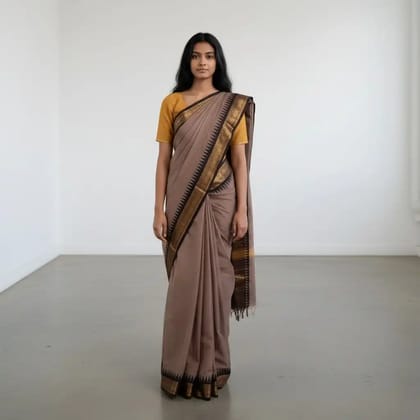 Handwoven Kanchipuram Cotton Saree in Beige with Golden Temple Border Handwoven Kanchipuram Cotton Saree in Beige with Golden Temple Border