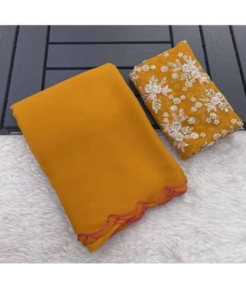 Gullak Georgette Solid Saree With Unstitched Blouse Piece ( Mustard )
