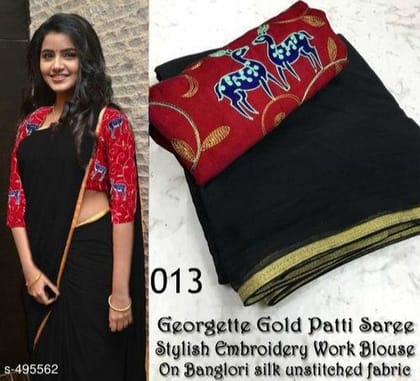 Beautiful Black color Georgette Gold Patti Embroidered Sari MS-22 Black