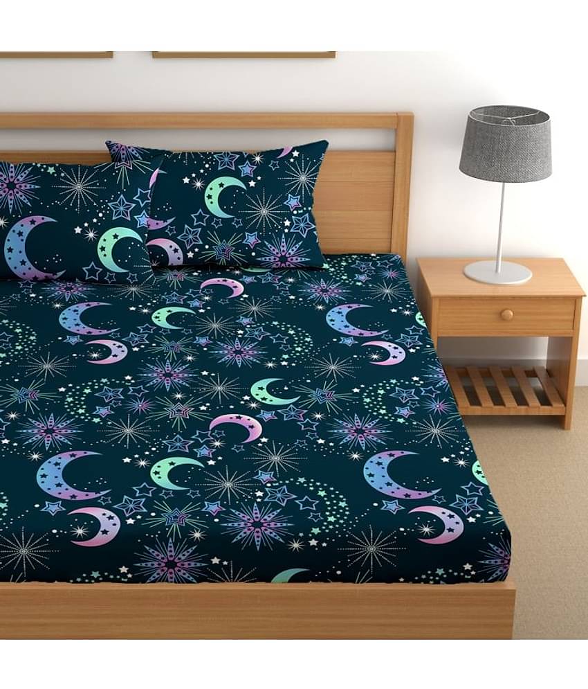 CG HOMES Cotton Floral Fitted 1 Bedsheet with 2 Pillow Covers ( Double Bed ) - Blue