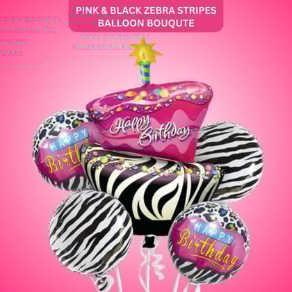 Happy Birthday Pink & Black Zebra Stripes Balloon - Helium Filled - 5PC