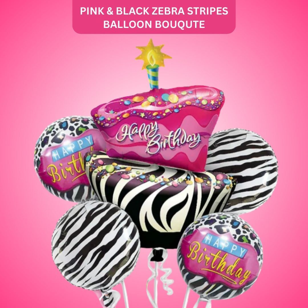 Happy Birthday Pink & Black Zebra Stripes Balloon - Helium Filled - 5PC