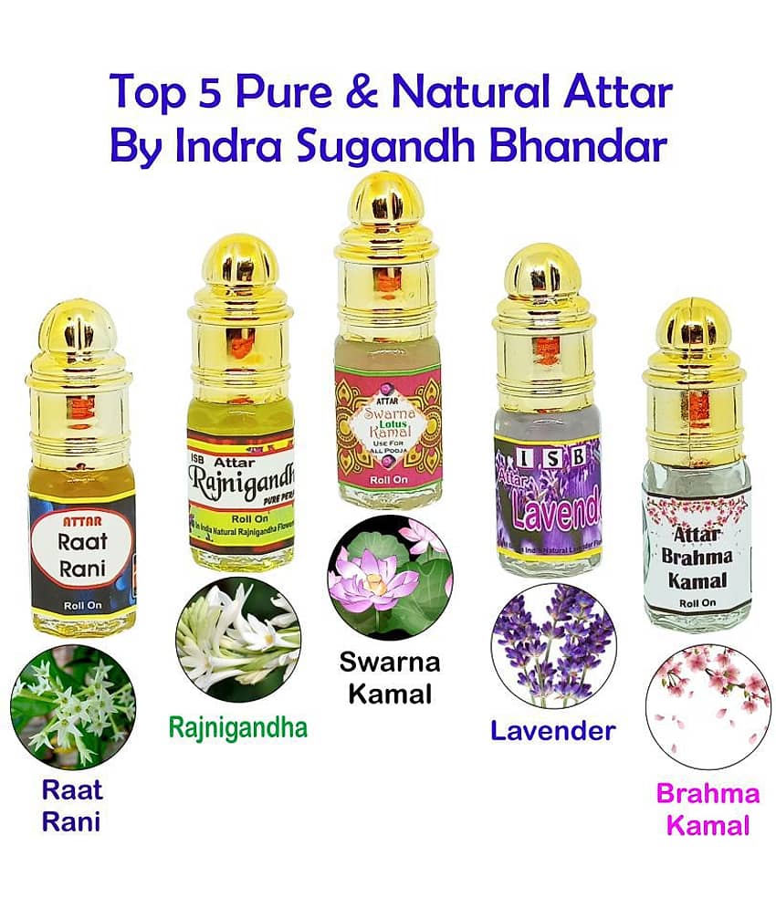 INDRA SUGANDH BHANDAR - Raat Rani, Rajnigandha, Swarna Kamal, Lavender, Brahma Kamal Attar For Men & Women 3mlEach Pack Of 5