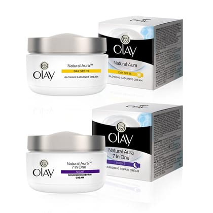 Olay Onatural Aura Day & Night Face Cream Combo-Day Cream With Spf 15 & Nourishing Repair Night Cream|Reveal Skins Natural Glow|Power Of Niacinamide|Dry,Combination,Oily Skin|Pack Of 2|100G Olay Onatural Aura Day & Night Face Cream Combo-Day Cream With S
