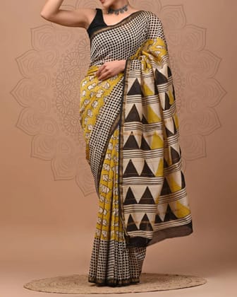Hand block printed chanderi silk Sarees with blouse