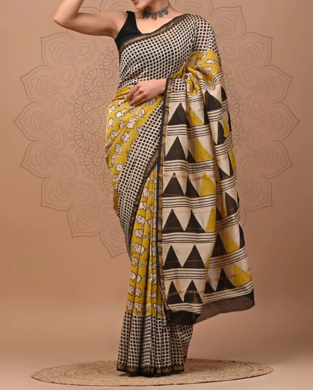 Hand block printed chanderi silk Sarees with blouse